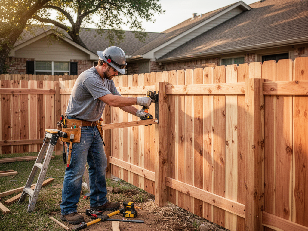 Fence contractor installing cedar fencing