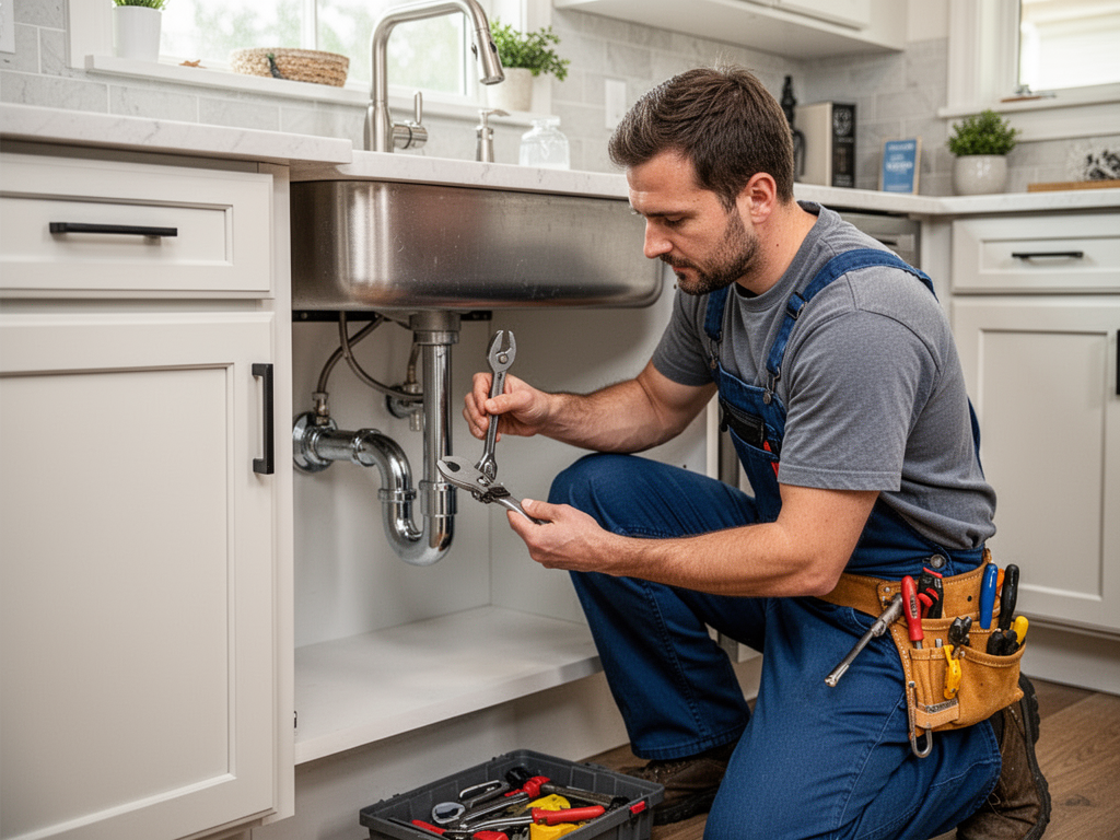 Plumber working in a residential kitchen