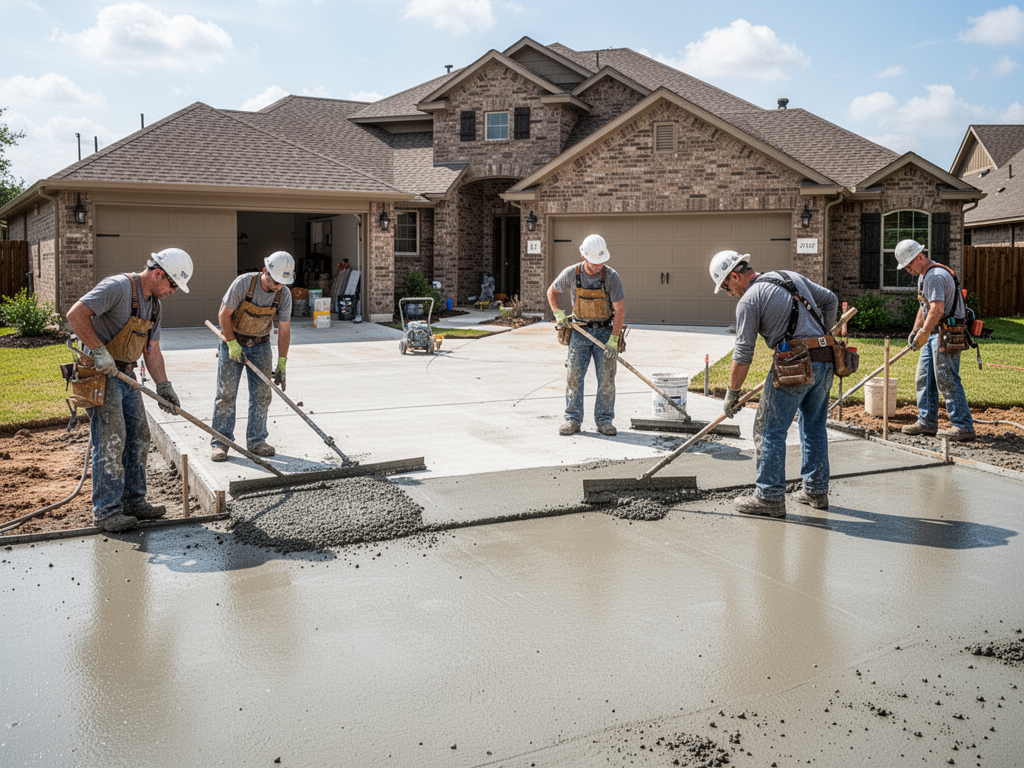 Concrete crew finishing a driveway