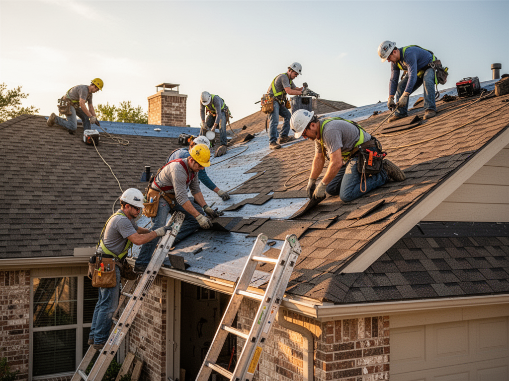 Roofing crew installing shingles