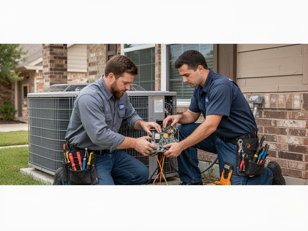 HVAC technician servicing an outdoor unit